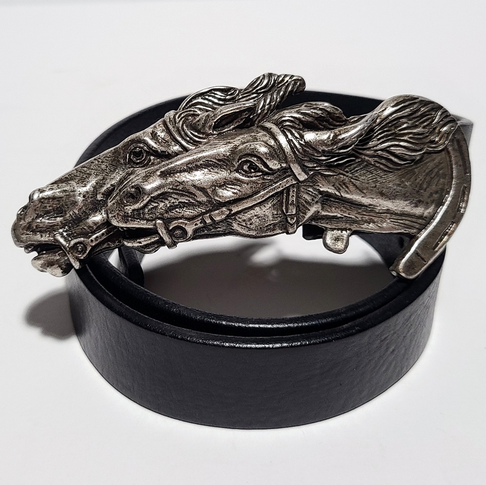Gucci Silver Toned Double Horse Head Leather Belt